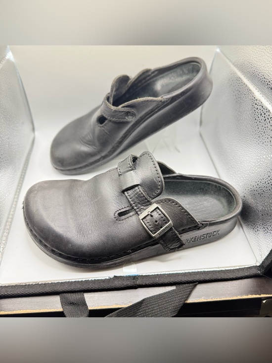 Birkenstock Shoes - Birkenstock Black Leather Clog Mule with Buckle Accent
